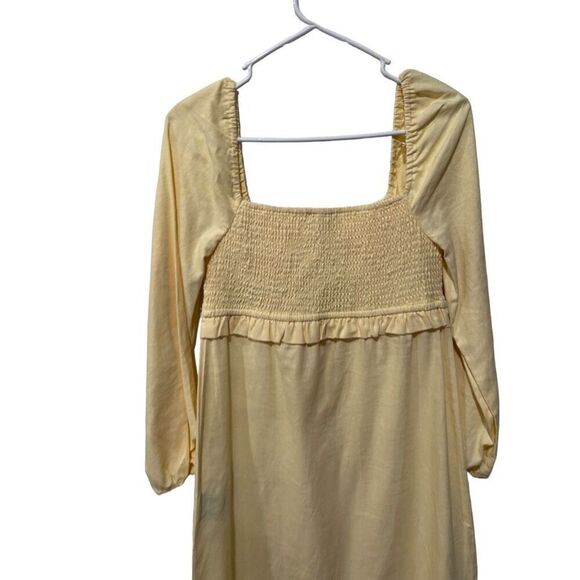 7 For All Mankind Puff Sleeves Smocked Linen Midi Dress Pastel Yellow Small NWT - Picture 8 of 13